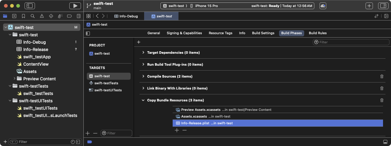 The Copy Bundle build phase displaying the
Info-Release.plist setting. Remove this setting.