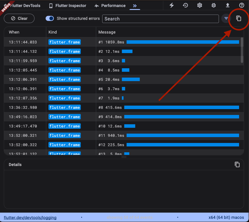 The Logging view copy button The copy button on the Logging view to the right of the filter tool